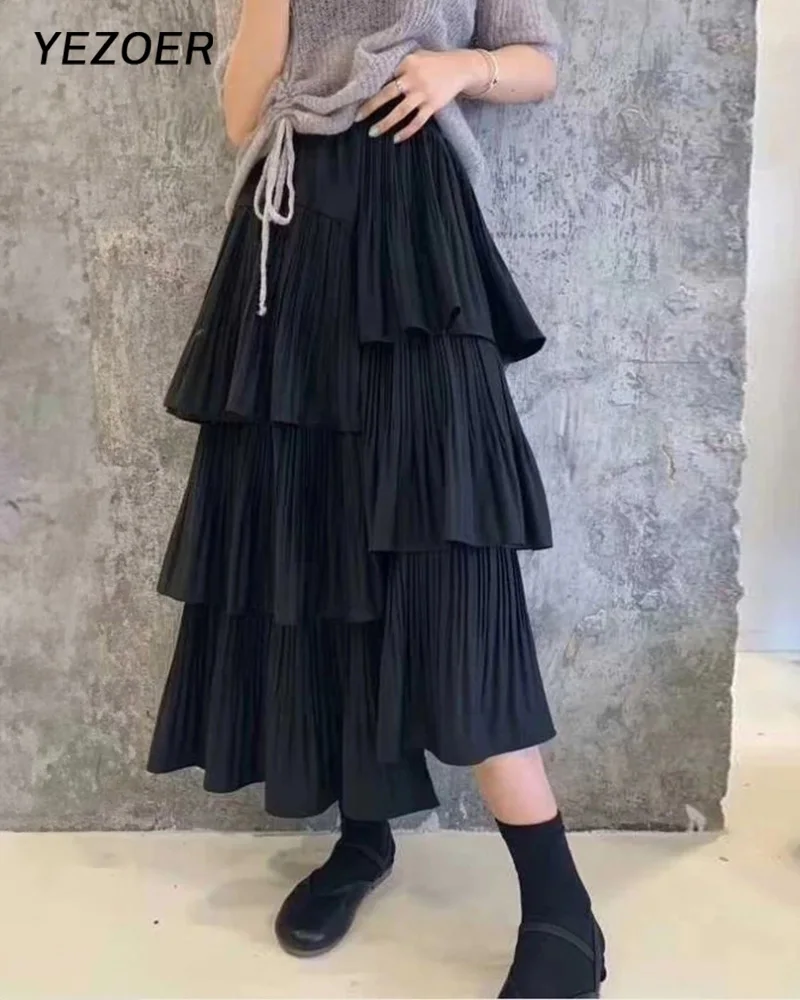 

YEZOER women's A-line solid color skirt tassel elastic waist loose casual women's pleated mid-length skirt fashion 2023 new summ