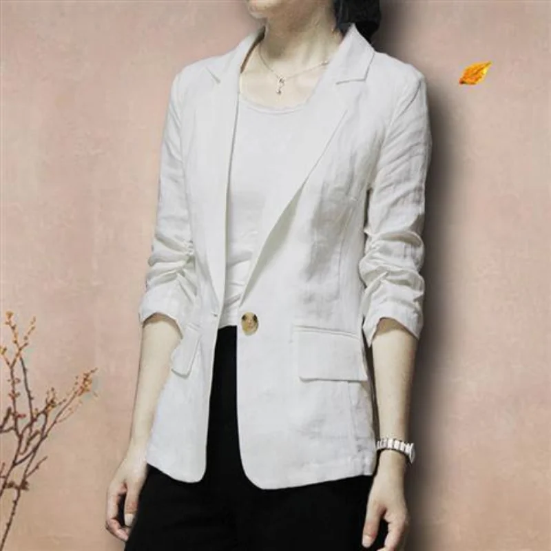 New Vintage Cotton Blazer Women Spring Summer Coat Seventh Sleeve Thin Jacket Korean Fashion Tops Business Office Ladies Suit