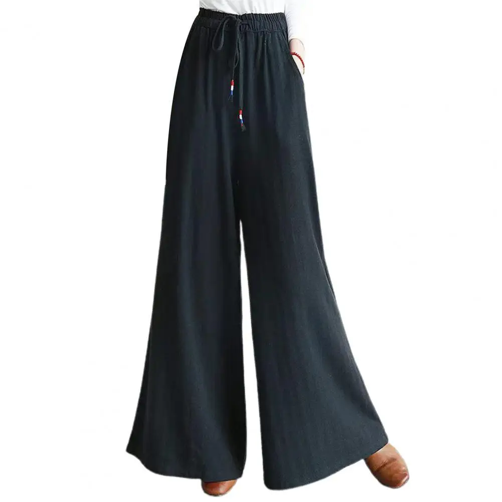 

Wide Leg Pants Solid Color Elastic Waist Cotton Linen Drawstring Long Trousers Summer Loose Casual High Waist Full-lenth Pants