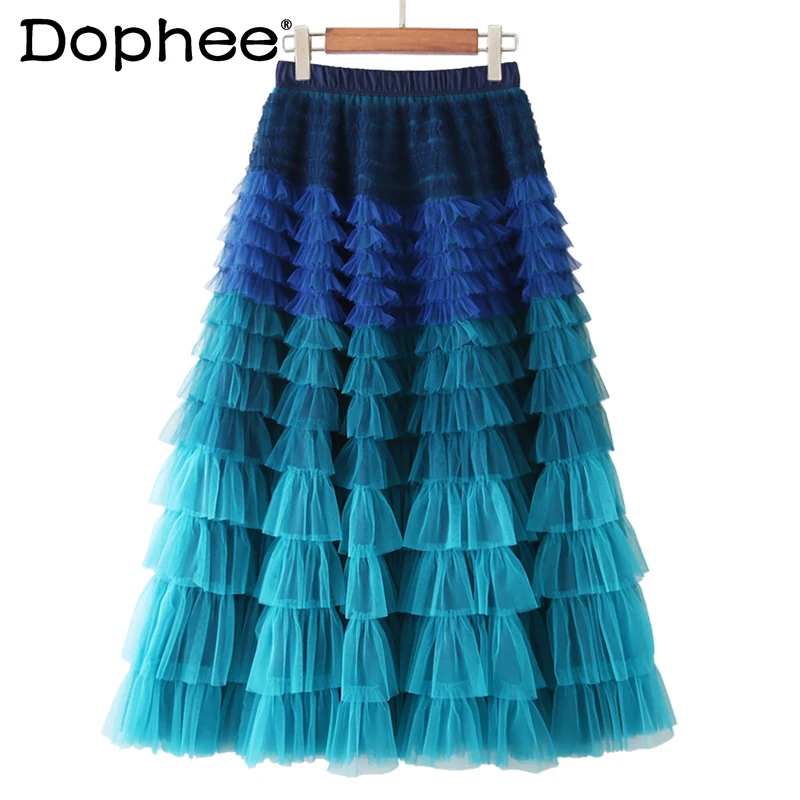 Gradient Color Cake Pleated Skirt Women Sweet Mesh A- Line Pettiskirt 2022 Spring New Loose Oversized Slim Mid-Length Faldas