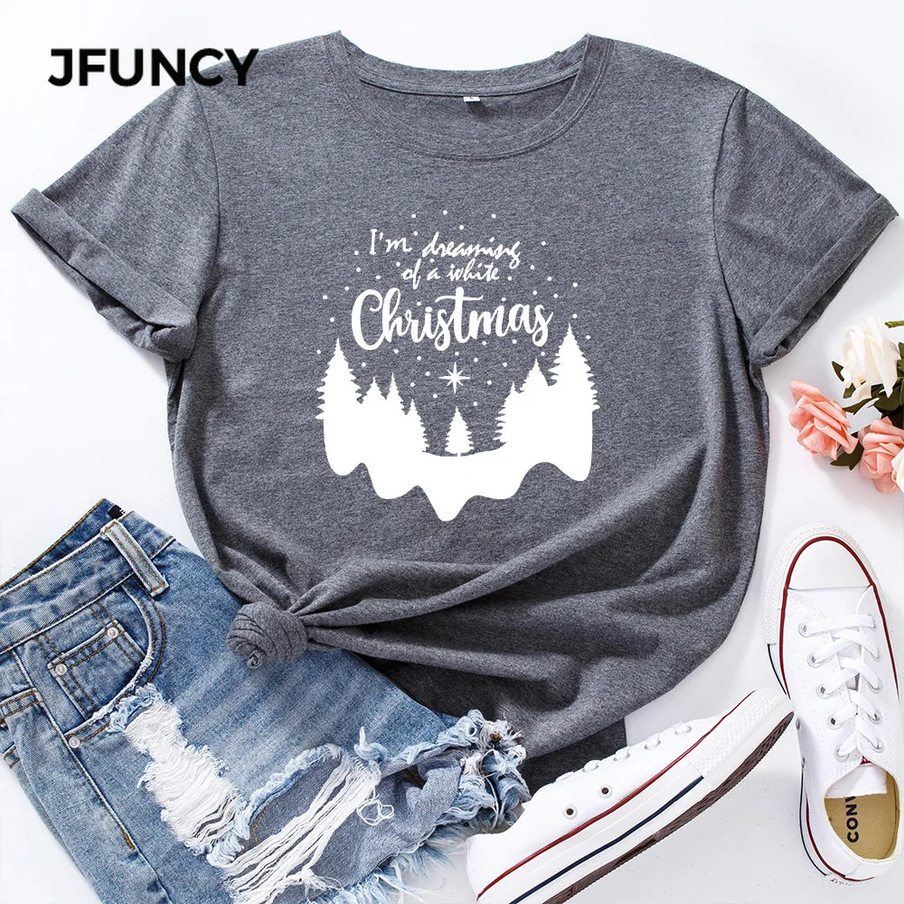 JFUNCY Short Sleeve Women's Cotton T-shirt Snow Covered Forest Christmas T Shirts Female Graphic Tees Tops Lady Tshirt