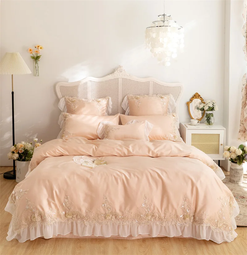 

Luxury 800TC Egyptian Cotton Rose Embroidery Princess Lace Bedding Soft Silky Double Duvet Cover Set Bed Linen Pillowcases