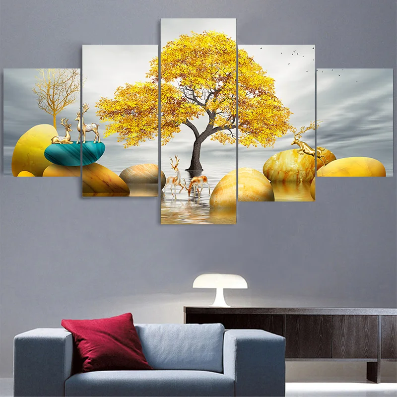 5 шт. абстрактный пейзаж холст живопись золотое дерево камень плакаты с оленем и