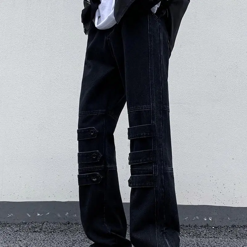 DEEPTOWN Button Straight Jeans Men Slim Casual Denim Pants Male Streetwear Hip Hop Trousers Zippers Punk Fashion Plus 5XL