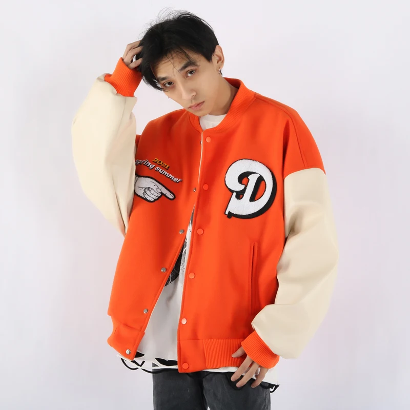 Hip Hop Varsity Orange Jacket Mens Letters Embroidery Patchwork College Bomber Jackets Womens Harajuku Baseball Coats