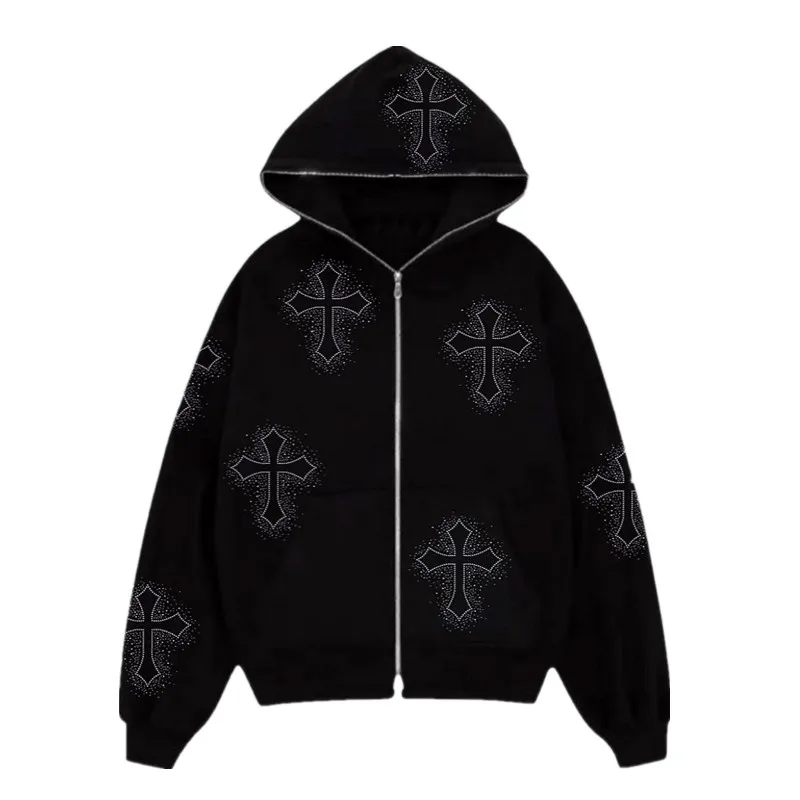 Demon Slayer Mens Streetwear Hot Drilling Cross Hoodies Vintage Oodie Black Skeleton Hoodie Oversized Full Zip Hooded Sweatshirt