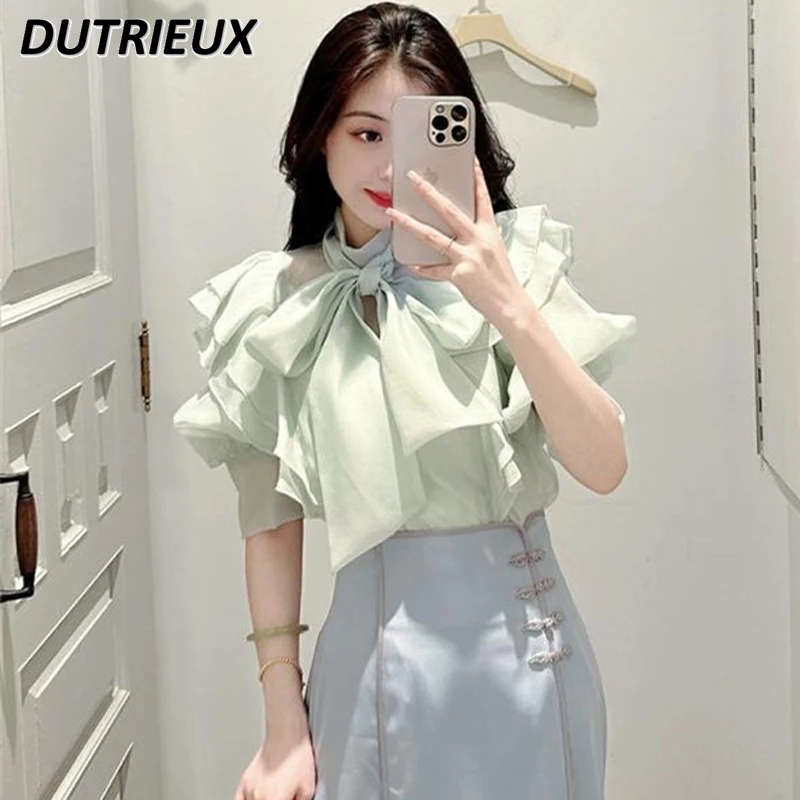 

2023 Spring and Summer New Solid Color Sweet Stand Collar Blouse Lace Bow Flying Sleeve Chiffon Shirt for Women Blusas De Mujer