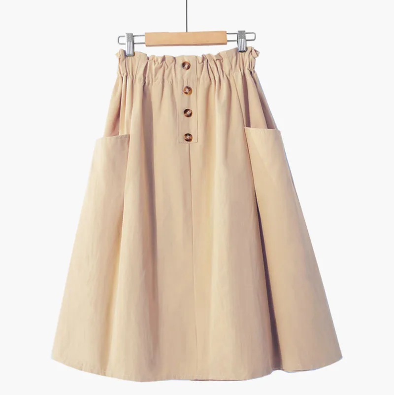 

NSMW MI Women Summer Skirt Spring Korean Casual Solid High Waist A-Line Midi Skirts With Pocket Elegant Female Cotton Skirt
