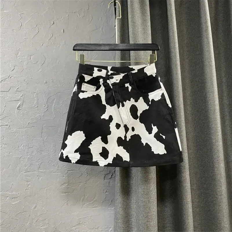 

Cow-printed Denim Skirts Women High Waist Mini Elegant All-match Pockets Jeans Skirt Vintage Holiday Sexy Female Faldas p766