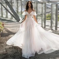 sexy charming v neck tulle wedding dress for women 2022 off the shoulder lace sweep train a line bridal dress vestidos de novia