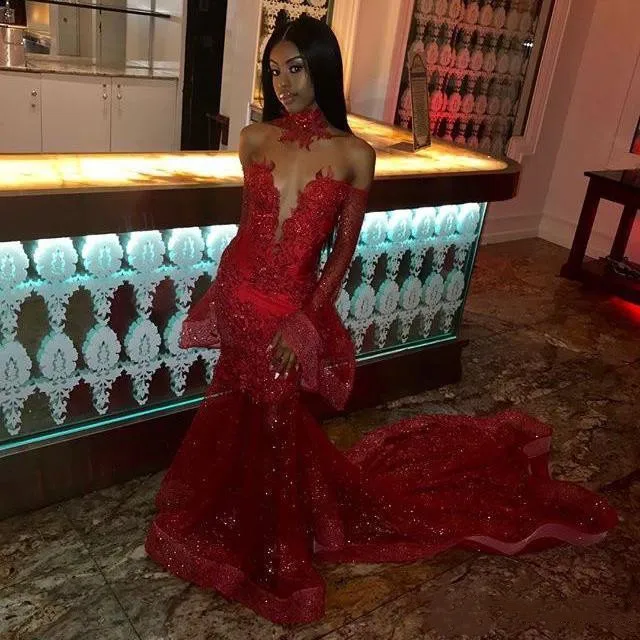 

Красное вечернее платье с блестками, длинное вечернее платье-Русалка с высоким воротником, официальное платье для выпускного вечера, круже...