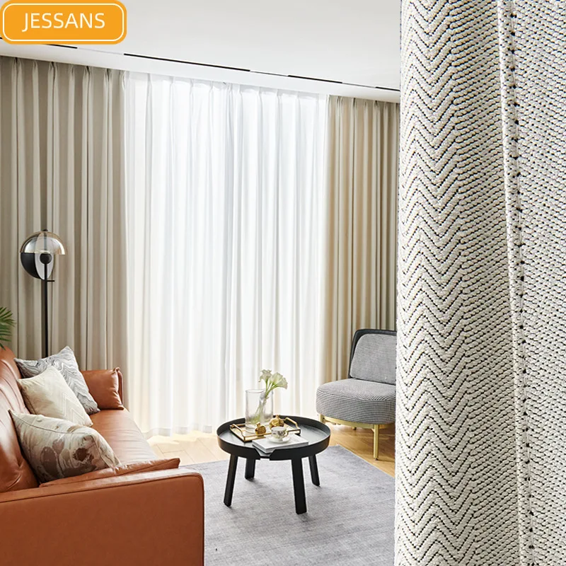 

2021 New Nordic Simple Pure Color Wave Pattern Blackout Curtains for Living Room Bedroom Finished Product Customization