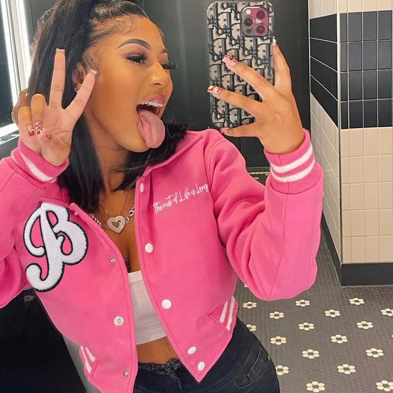 

Baseball Crop Jackets Towel Embroidery Letter Varsity Coats Sexy Cropped Casual Streetwear Women Fall Winter Y2K Clothes 2022New
