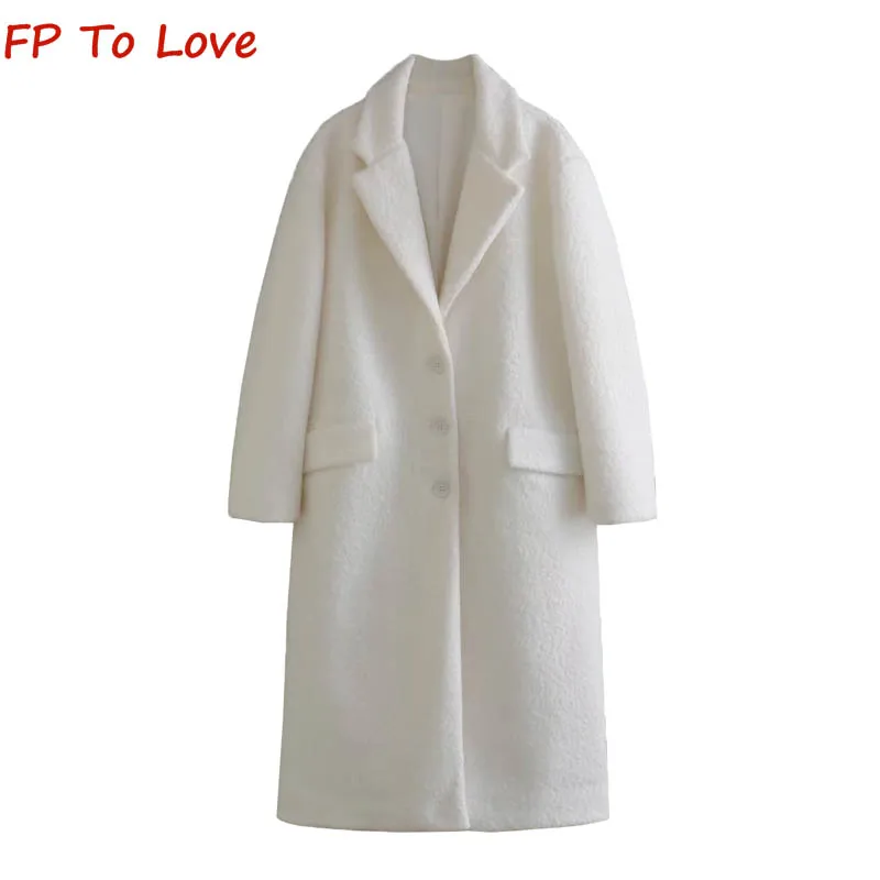 

Autumn and Winter Tweed Blend Medium Long Straight Jacket PB&ZA Woman White Soft Velvet Feeling Coat Female Street Style