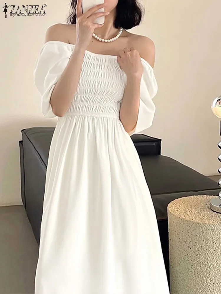 

Oversized Women Long Dress 2022 Elegant Pleated Puff Sleeve Elegant Dating Vestidos ZANZEA Summer Off Shoulder Party Sundress