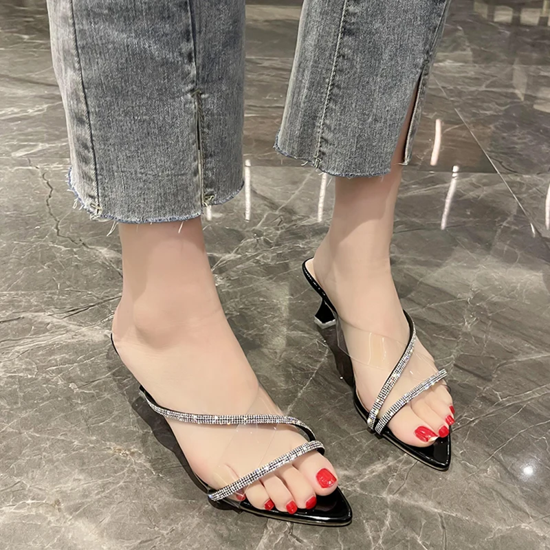 

Female Shoes Thin Heels Slippers Casual Slides Beige Heeled Sandals Pointed Toe Rubber Flip Flops 2022 Luxury Black High Summer