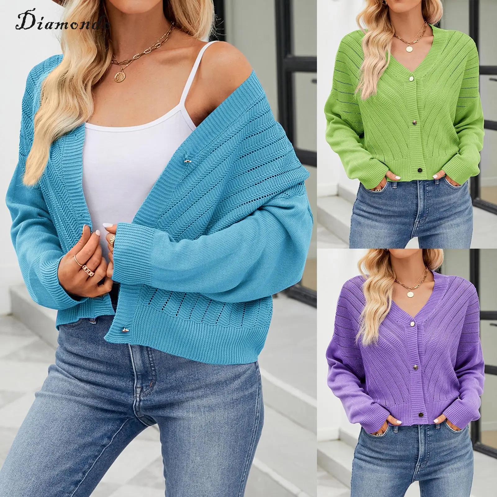 

Knitted Cardigan Hollow Crochet Women Cardigans V-Neck Fashion Soild Color Long-Sleeved Simple Casual Cropped Cardigans