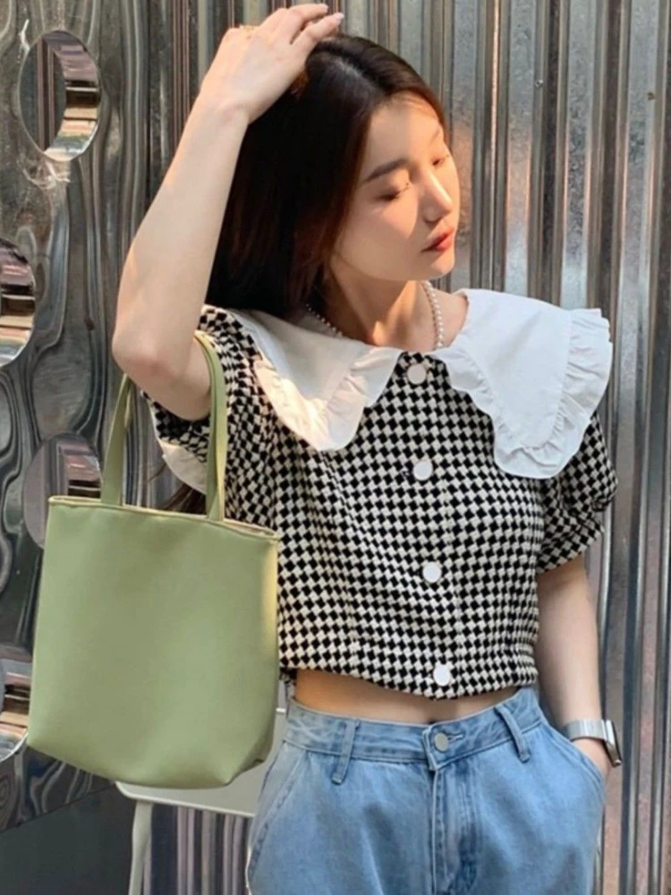 F GIRLS  Korean Chic Puff Short Sleeve Blouse Summer Elegant Turn Down Collar Womens Shirts 2022 Black Straight Plaid Thin Tops enlarge