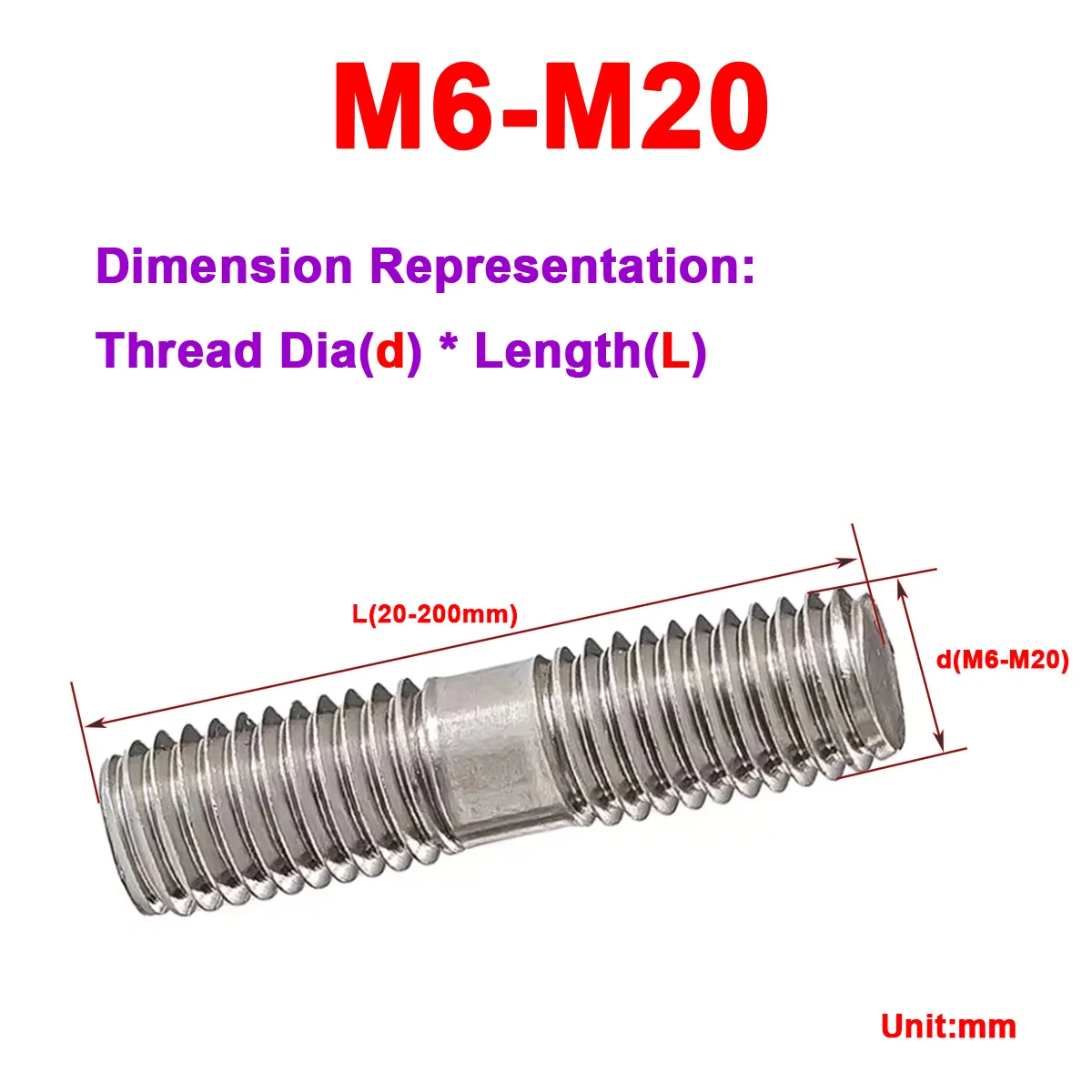 

316 Stainless Steel Full Tooth Double Head Screw Stud M6M8M10