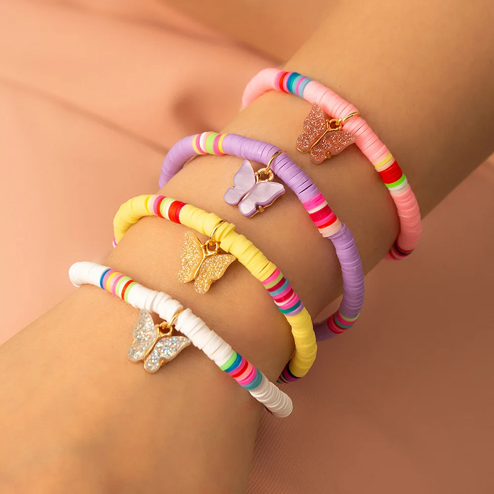 

Cute Butterfly Charm Bracelet For Girl Multicolor Polymer Clay Flat Beads Bracelet Bangles for Women Boho Ethnic Jewelry