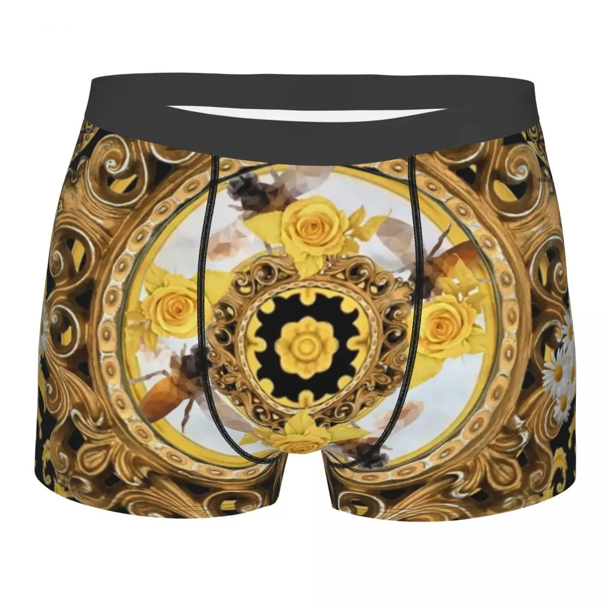 

Yellow Rose And Bees Vintage Kitsch Baroque Scarves Underwear Men Sexy Printed Customized Boxer Shorts Panties
