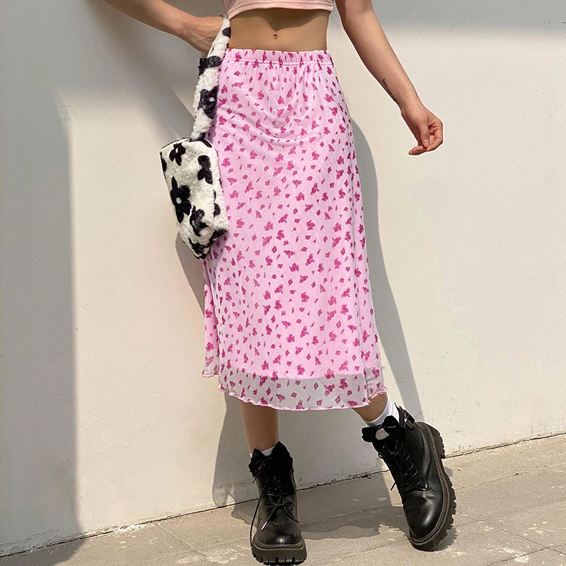 

A Line Midi Skirt Flower 2021 Harajuku Mesh Patchwork Vintage Floral Summer Skirts Women High Street Pink 90S Aesthetic