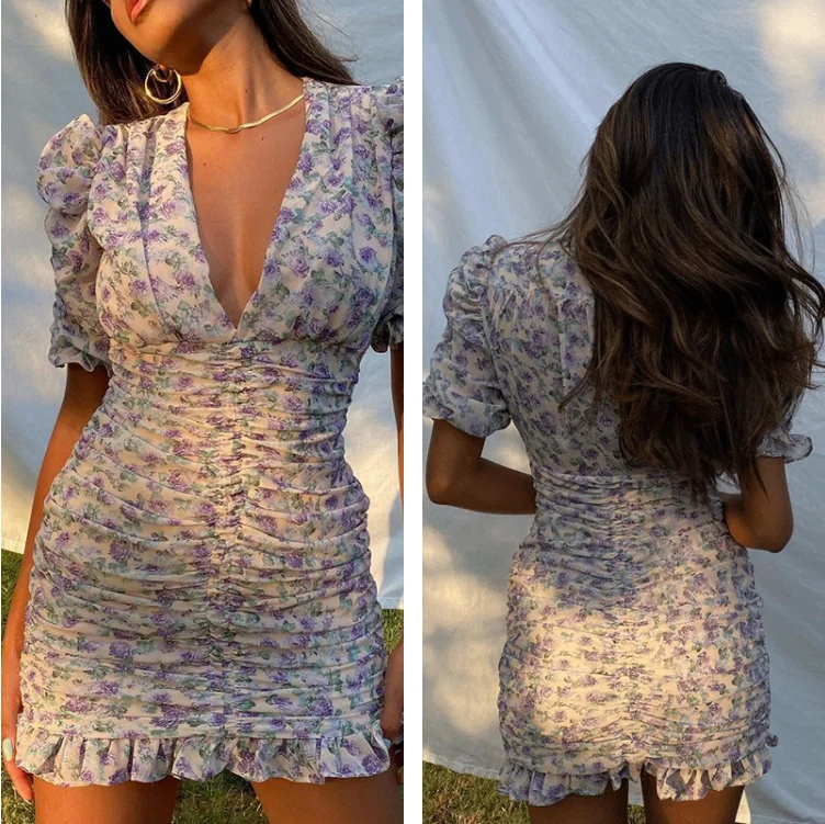 

Summer Women's Clothing Floral Dress For Girls Sexy V-Neck Folds Mini Dresses Fashion Summer Women's Dress Bodycon Prom Dress