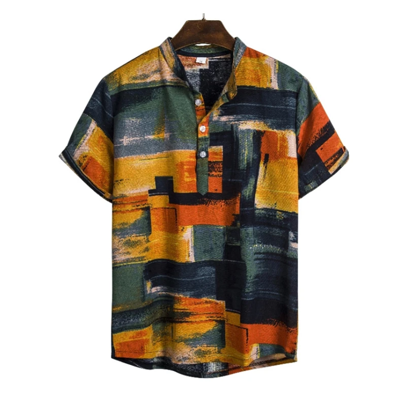 2022 Men's Clothing Fashion Youth Stand Collar Hawaiian Shirt Short Sleeve Linen Shirt Indian Ethnic Style Men Flower Shirt