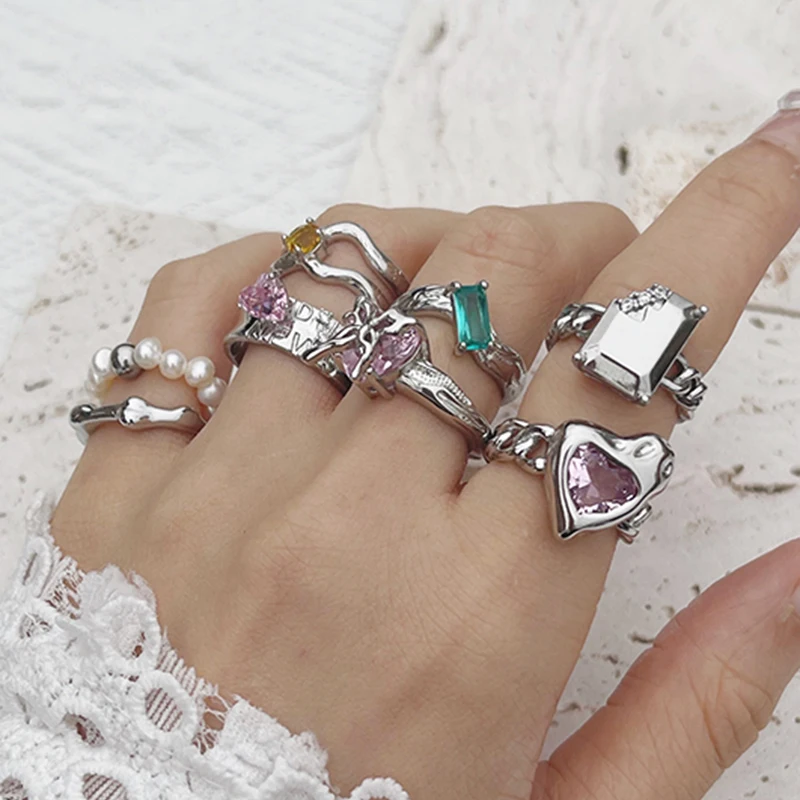 

Simple Broken Heart Ring For Women Female Finger Pink Stone Rings Gift For Girlfriend Fashion Shine Jewelry