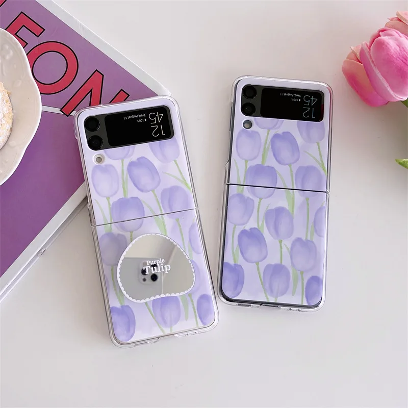 

Luxury Purple Tulip Mirror Phone Stand Case for Samsung Galaxy Z Flip 3 5G Hard PC Back Cover for ZFlip3 Cases Protective Shell