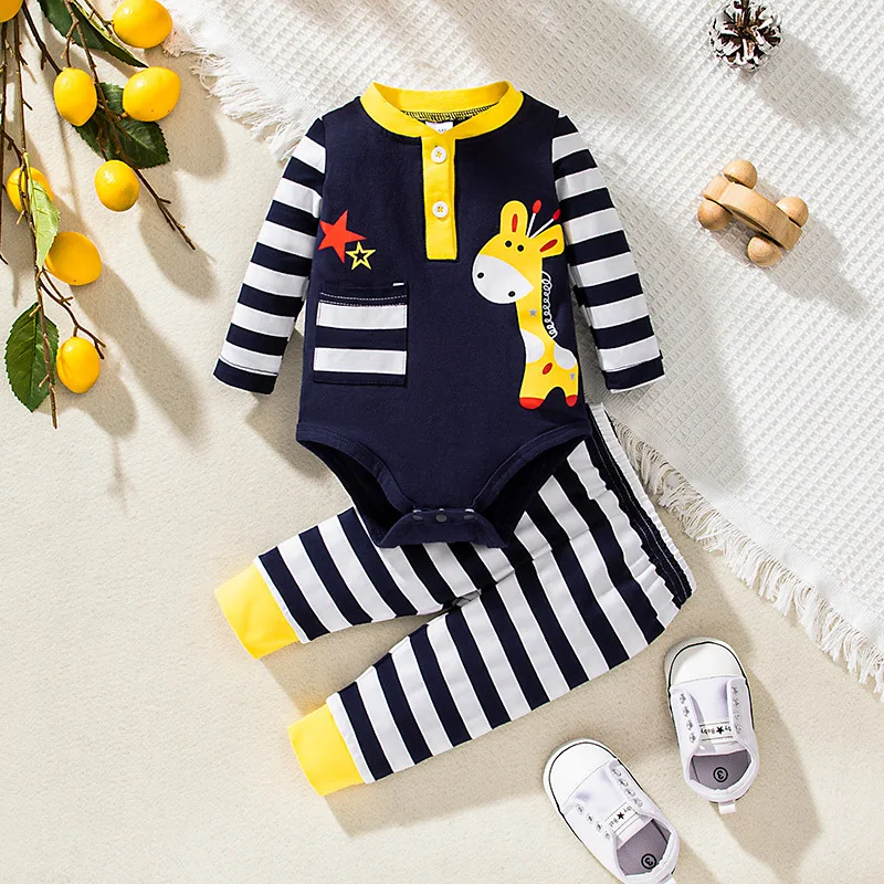 

2022 New Summer Baby Clothes Sets Long Sleeve Print Giraffe Striped 2 Piece Sets Designer Casual Girls Clothes Sets 0-2T