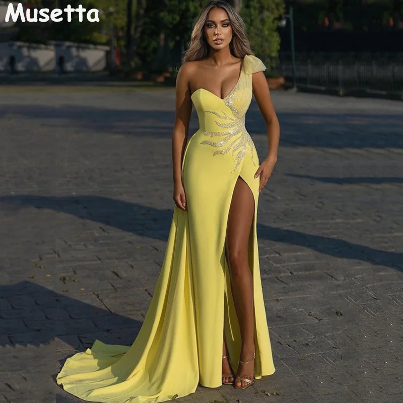 

Шикарное платье-Русалка на одно плечо Musetta, платье для выпускного вечера с бисером и высоким разрезом, женское платье с открытой спиной, платье в пол для свадебной вечеринки