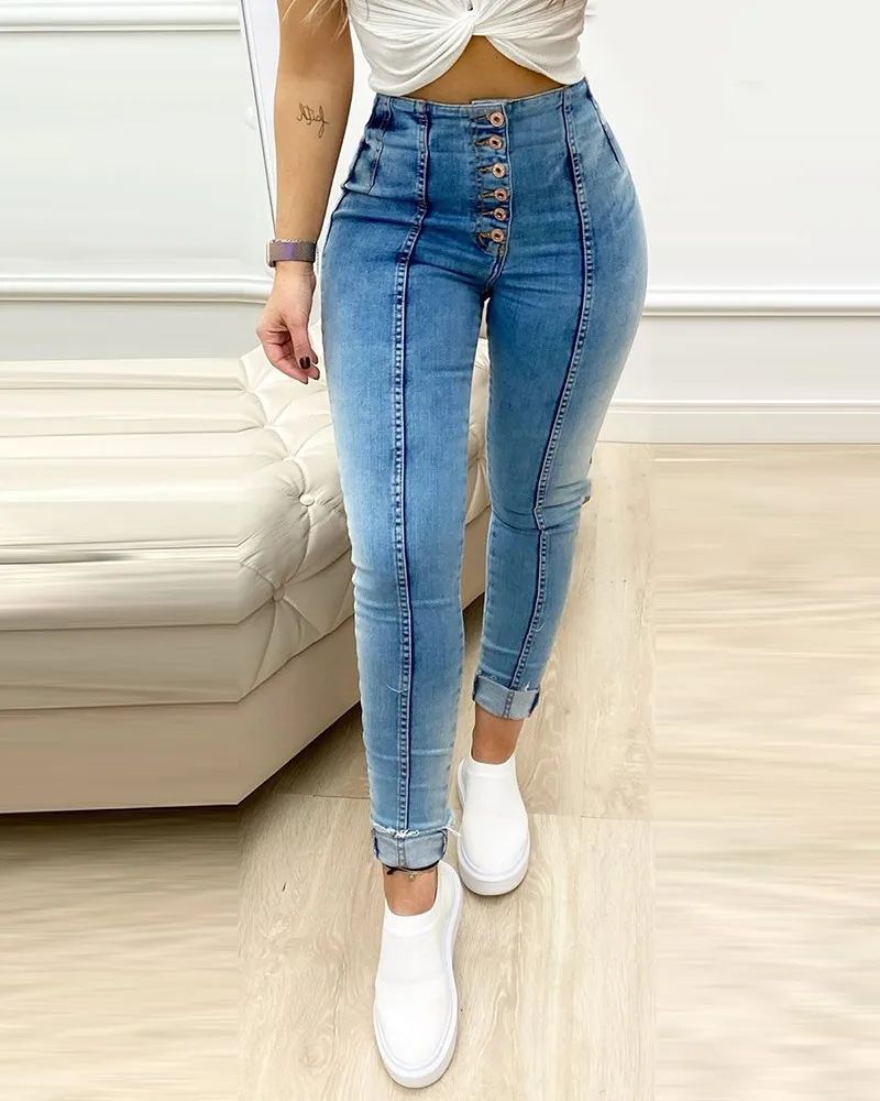 

Women Jeans Blue Fashion High Waist Casual Temperament Buttons Slim Spring And Summer Sexy Pocket Fashion Long Washed Old Jeans.