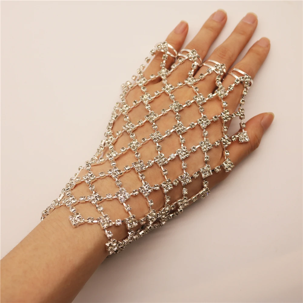 

New Personality Rhinestone Harness Bracelet Finger Chain Ladies Mesh Design Wedding Bridal Bridesmaid Boho Bling Hand Jewelry