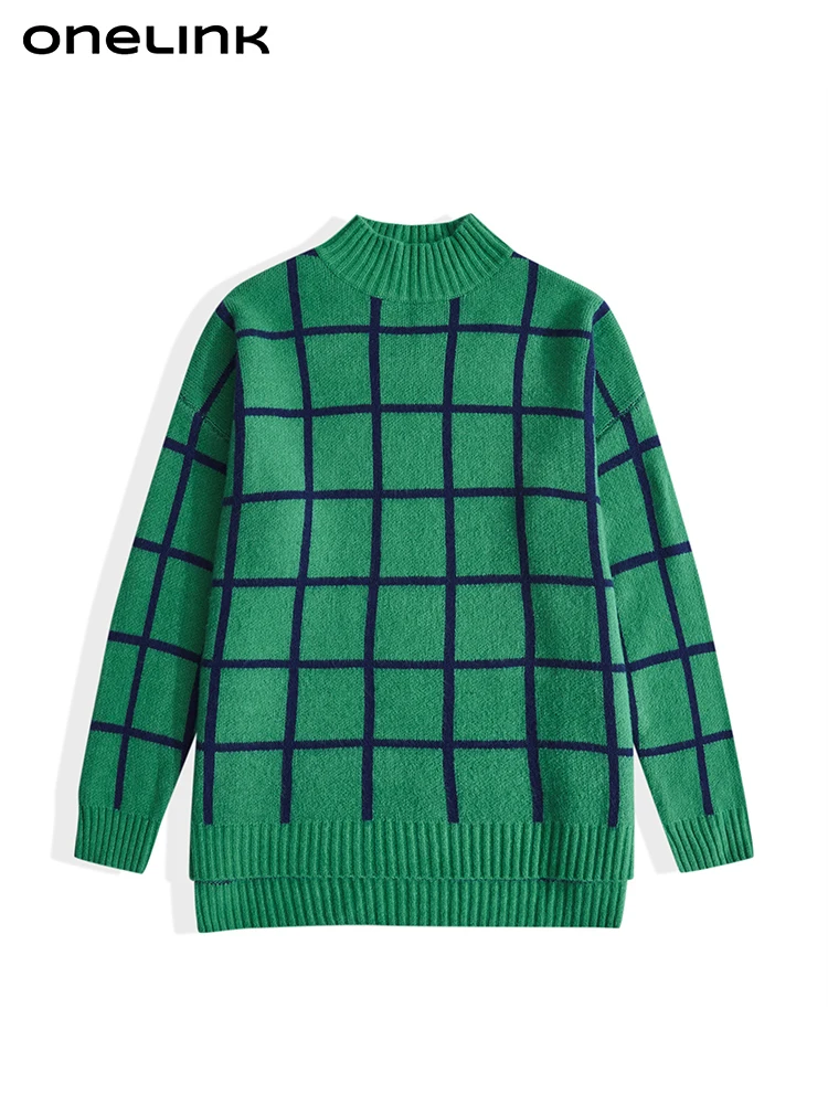 Onelink Green Black Plaid Plus Size Autum Winter 2022 Pullover Women Sweater Mock Neck Office Ladies Warm Woolen Clothing Tops