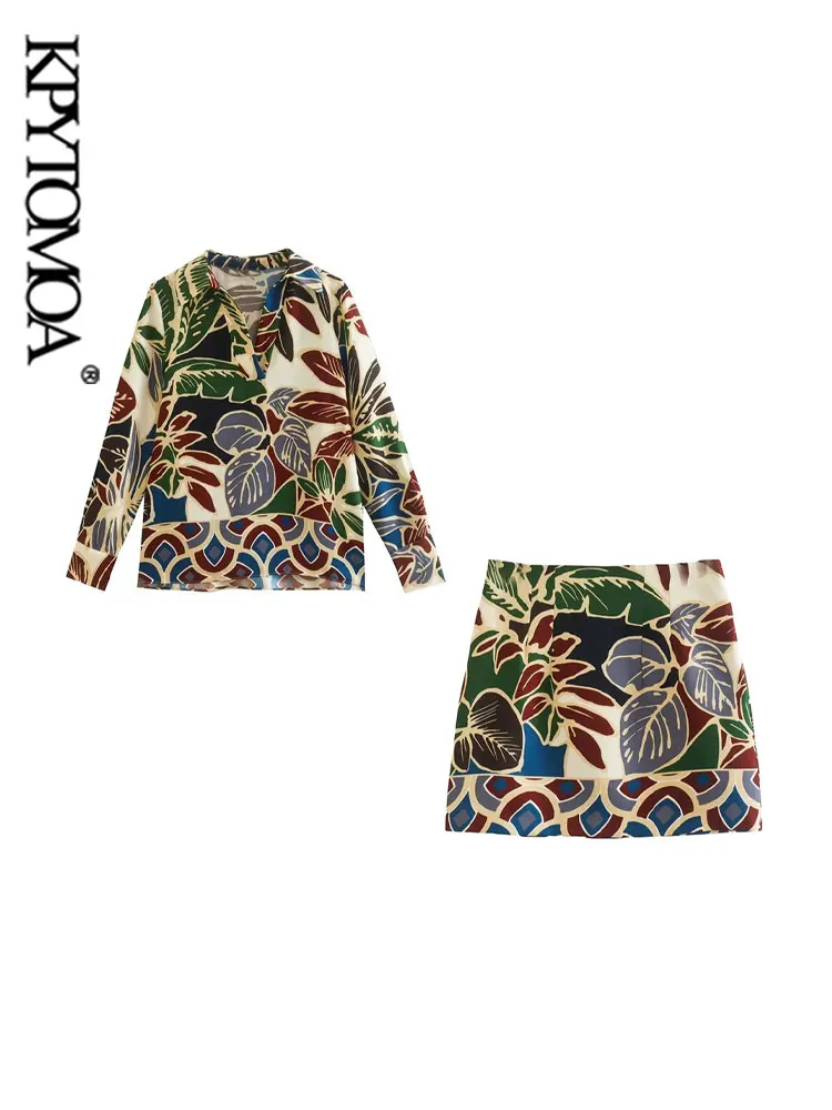 

KPYTOMOA Women Fashion Patchwork Printed Blouses And High Waist Back Zipper Mini Skirt Female Two Piece Sets Mujer