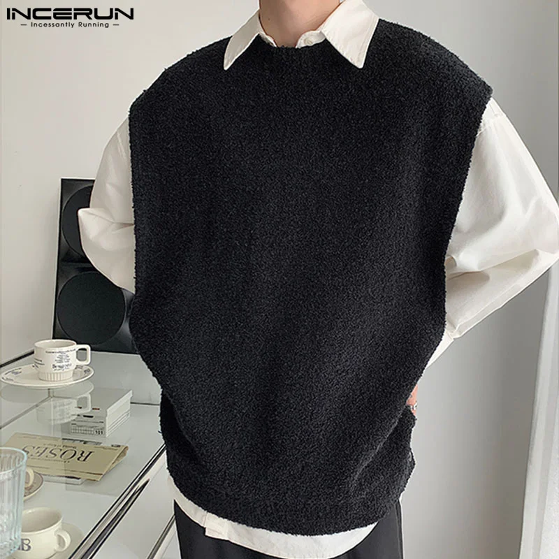 

Мужские однотонные жилеты с круглым вырезом без рукавов, плюшевые Осенние повседневные мужские безрукавки, уличная одежда, корейские модные жилеты, 2023