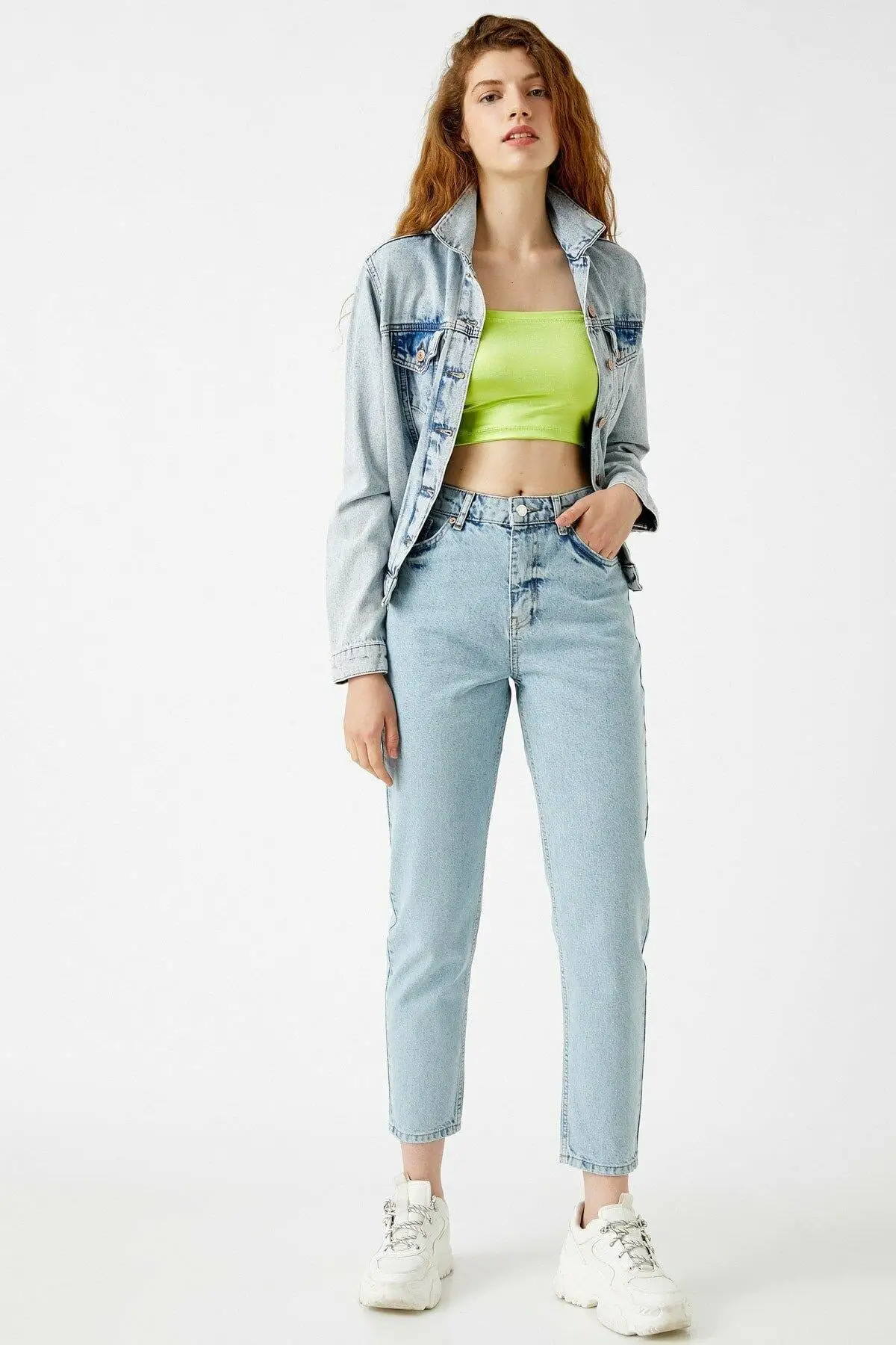 

Women's Jean Blue Kakmd Full Length High Waist Straight Pant Streetwear Female Jeans Buttons Zipper Ladies
