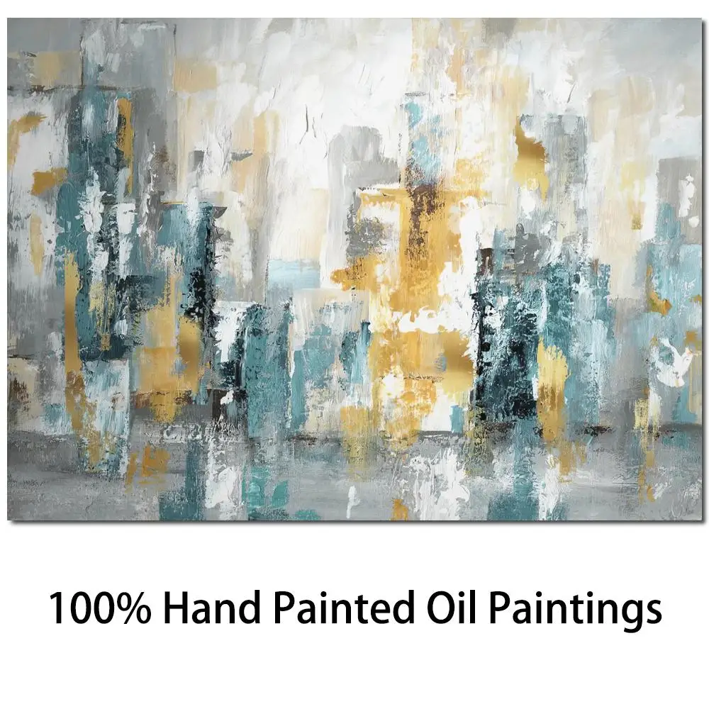 

Skyline Abstract Canvas Art Textured Wall Picture for Living Room City Views Hand Painted Modern Arwork Home Decor Gold Blue