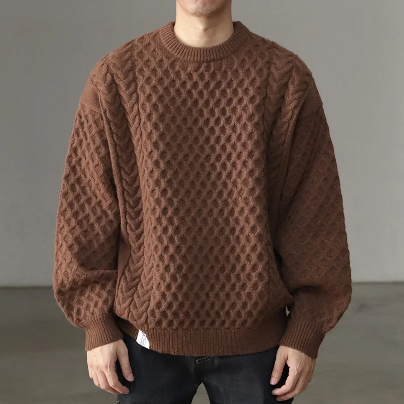 Knitted Men Winter New Vintage Thick Beige Round Neck Loose Large Size Long Sleeve Sweater Retro Casual Pullover Tops