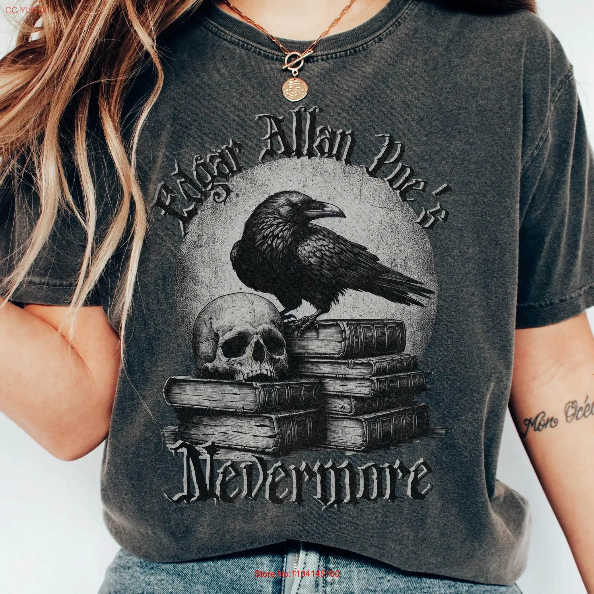 Edgar Allan Poe Nevermore T Shirt Reading Halloween Raven Skull Literature Macabre Dark Academia Whimsigoth Clothing