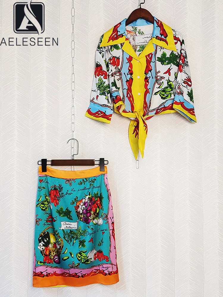 

AELESEEN Women 100% Silk Shirt Set Runway Fashion Sicilian Chili Print Bow Short Blouse + Slim Blue Vegetable Letters Print Suit