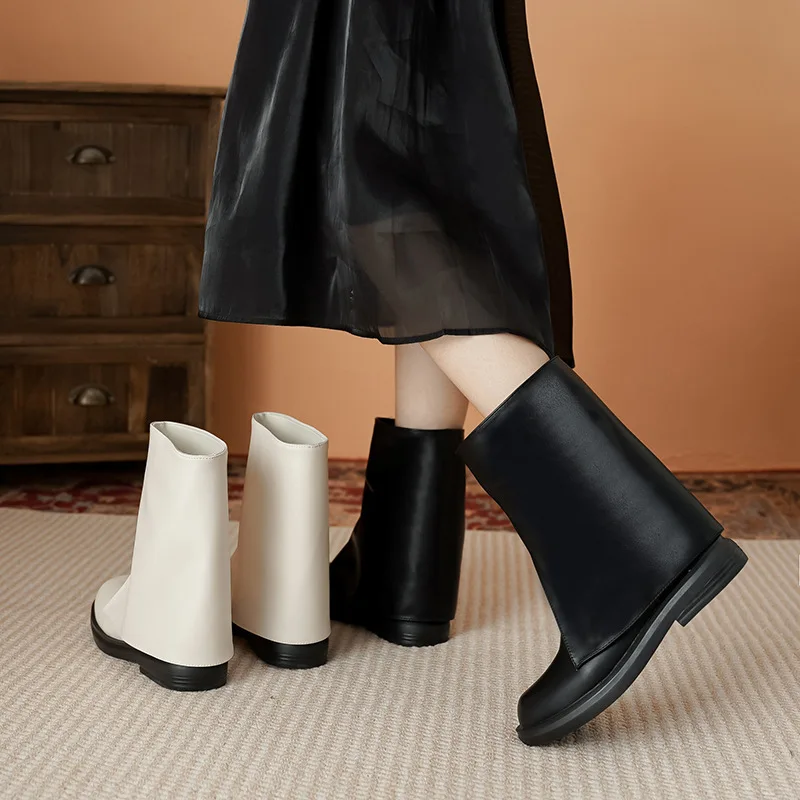 ZR DIARY Ankle Boots Women Microfiber Leather Square Toe Flat Heels Riding Boots Punk Shoes Plus Size 5595