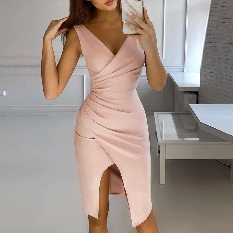 

Женское облегающее платье без рукавов, элегантное офисное платье с драпировкой, привлекательное облегающее платье с глубоким V-образным вырезом и разрезом, лето 2021