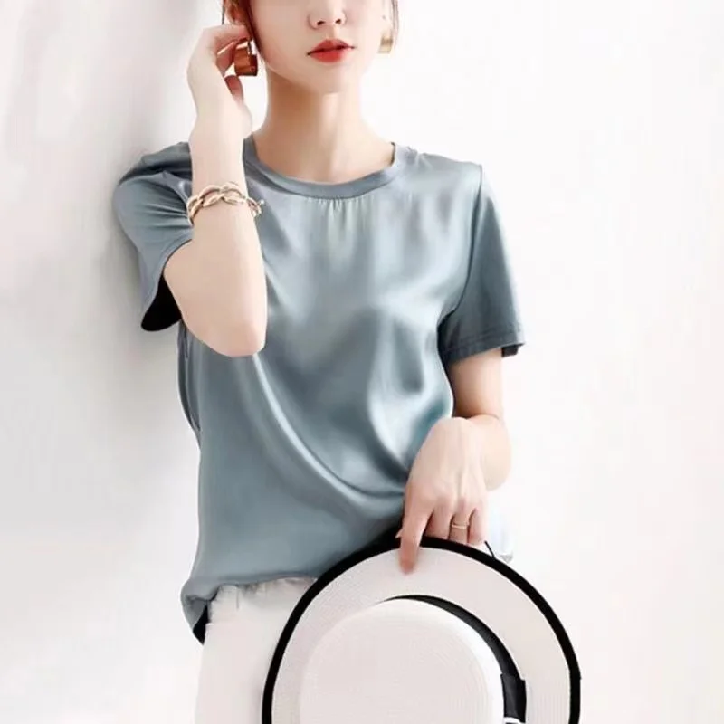 

2022 Satin Summer Women's T-Shirt Solid Color O-Neck Short Sleeve Basic Streetwear Harajuku Loose T-Shirt Women's Top