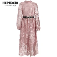 hepidem clothing vestidos mujer chic mesh embroidery lace dresses women hollow out elegant slim autumn split midi dress 67850