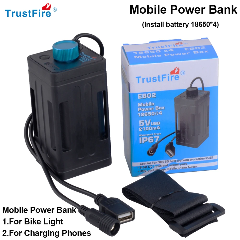 

TrustFire EB02 4x 18650 Lithium Batteries Pack Box DC 8.4V Mobile Power Bank Case USB Port for Charging Phones LED Bike Light