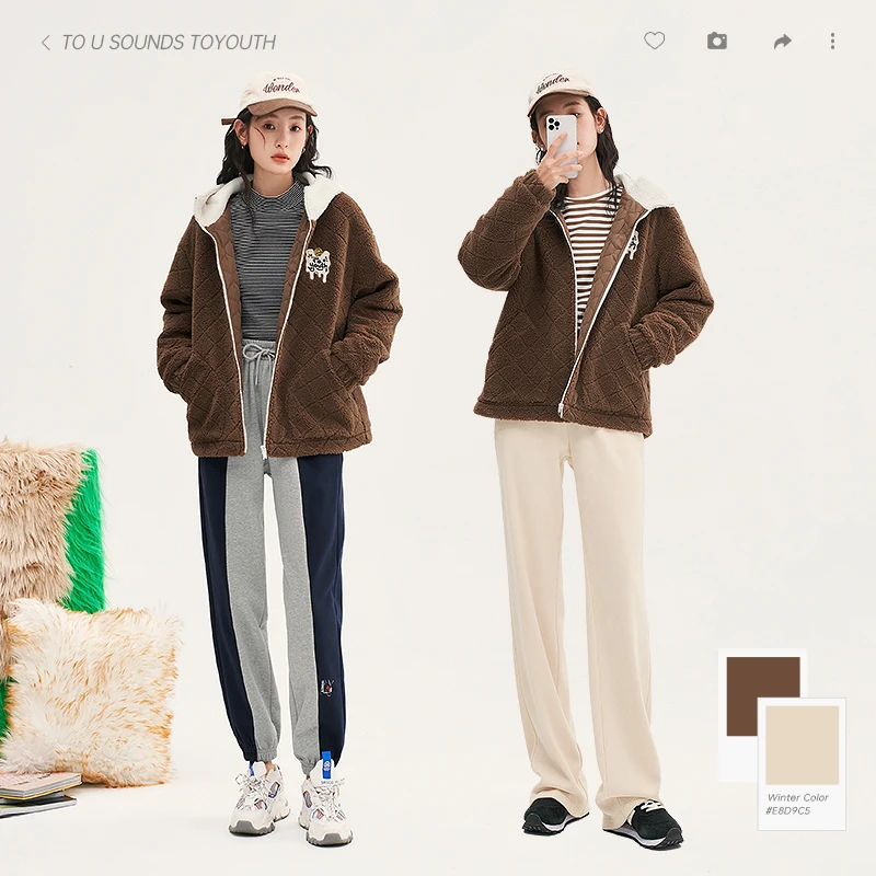 Toyouth Women Thick Plush Coat 2022 Winter Long Sleeve Loose Jacket with White Hat Windproof Warm Large Pocket Outwear Tops