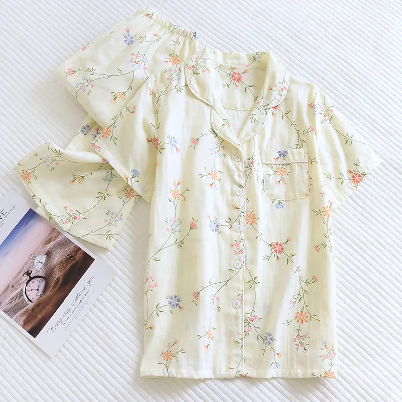 

Spring and summer new ladies pajamas short-sleeved + trousers two-piece set 100%cotton gauze cute flowers loose home clothes set