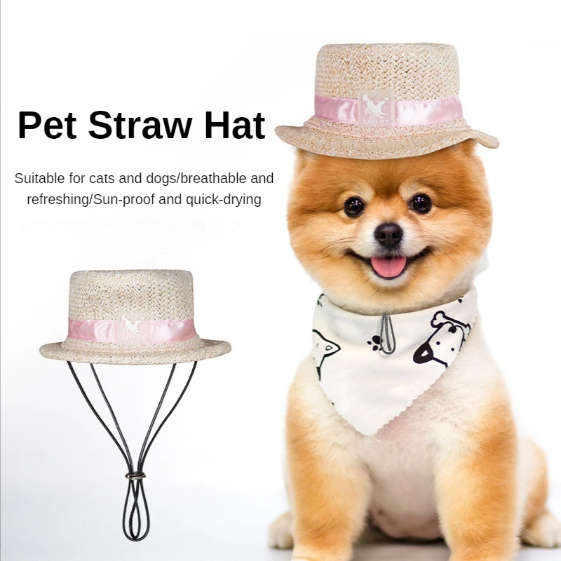 

New Pet Straw Hat Fashion Sun Protection Cats and Dogs Universal Bowler Hat Ear-covering Travel Hat Straw Woven Hat